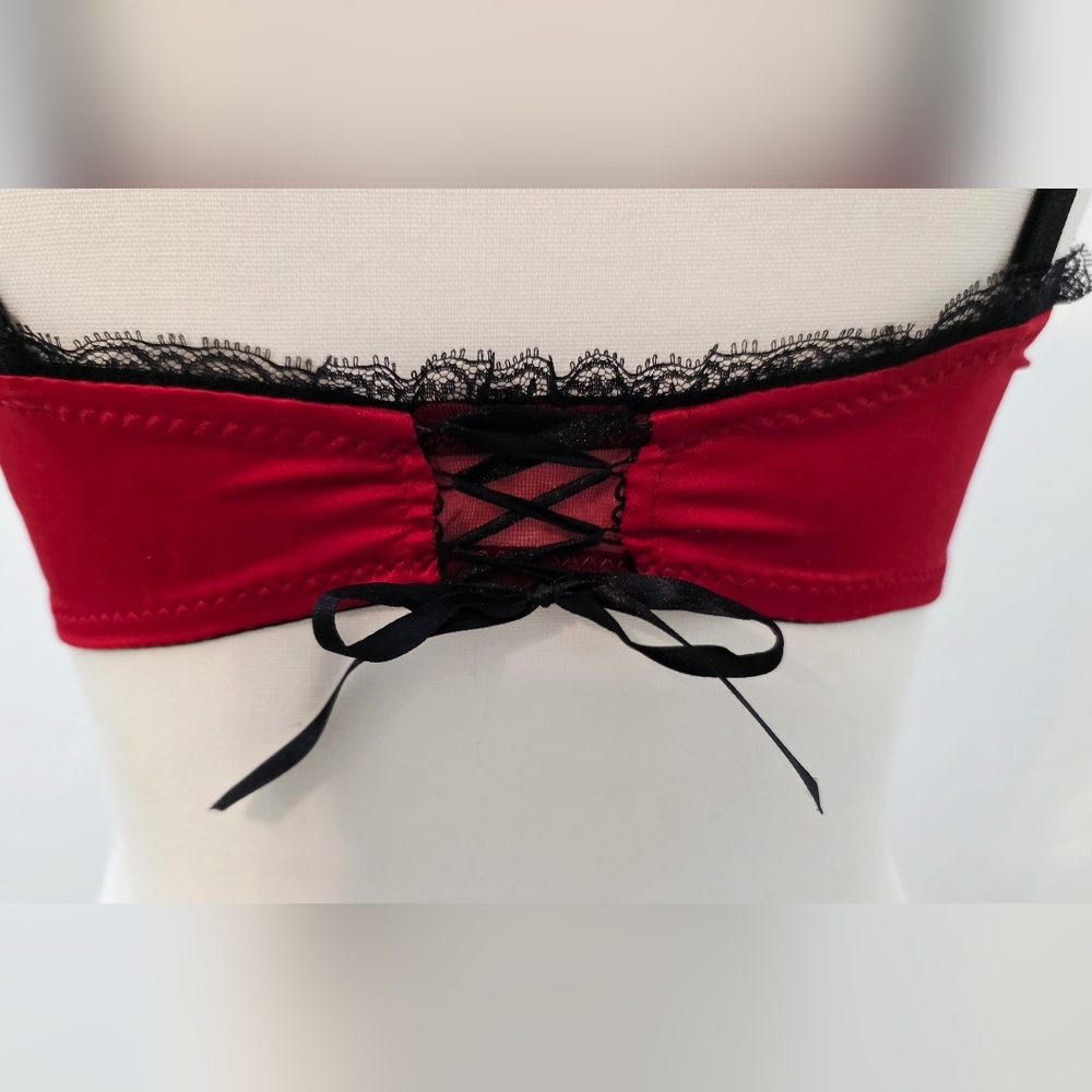 💋Blush Red & Black Lace Bra 34D Satin Underwire Push-Up Lingerie Sexy Front 💋 - Picture 7 of 9